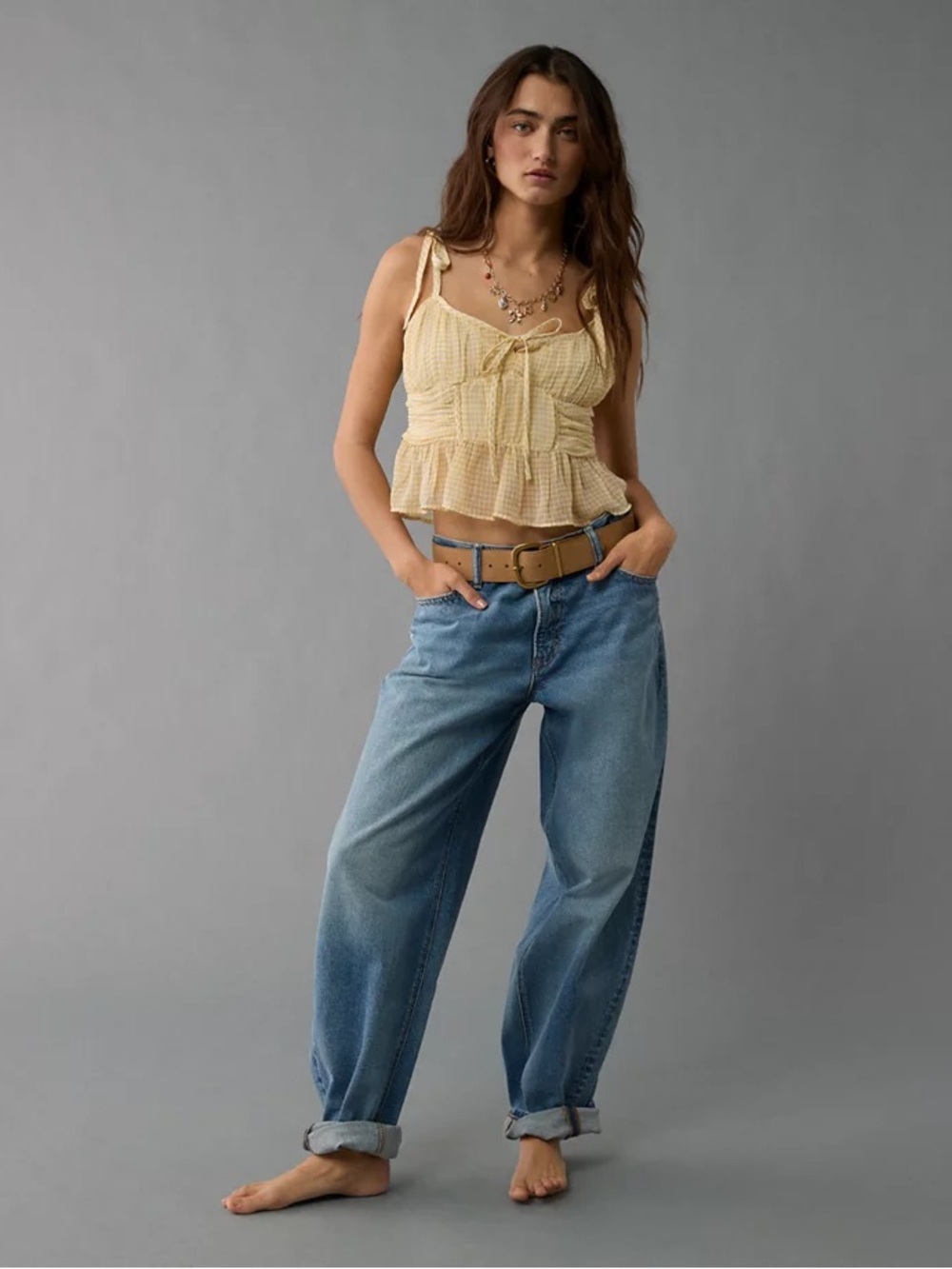 American Eagle Outfitters Yellow Gingham Tie-Shoulder Peplum Cami